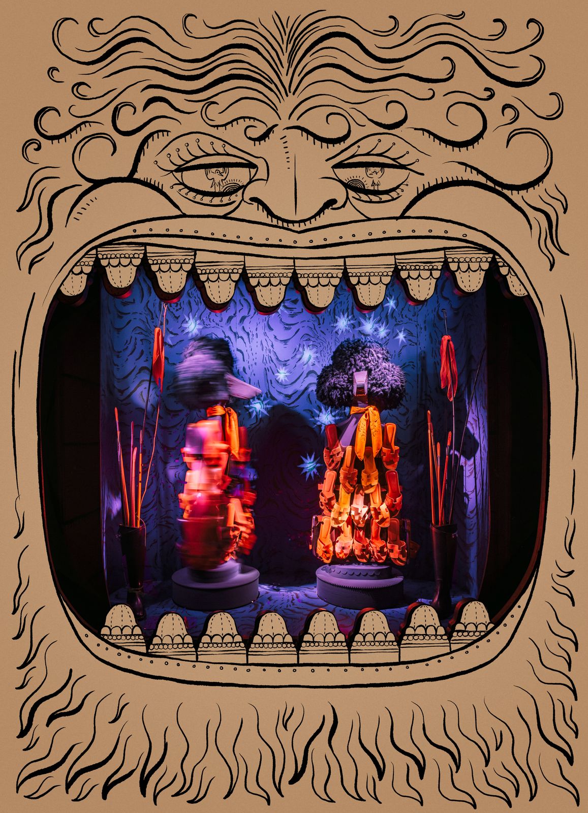 Vitrine Le Pompon, grande gueule ouverte sur une scène lumineuse