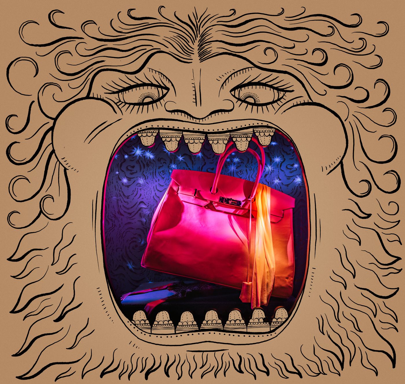Vitrine Le Pompon, sac exposé dans la gueule du monstre